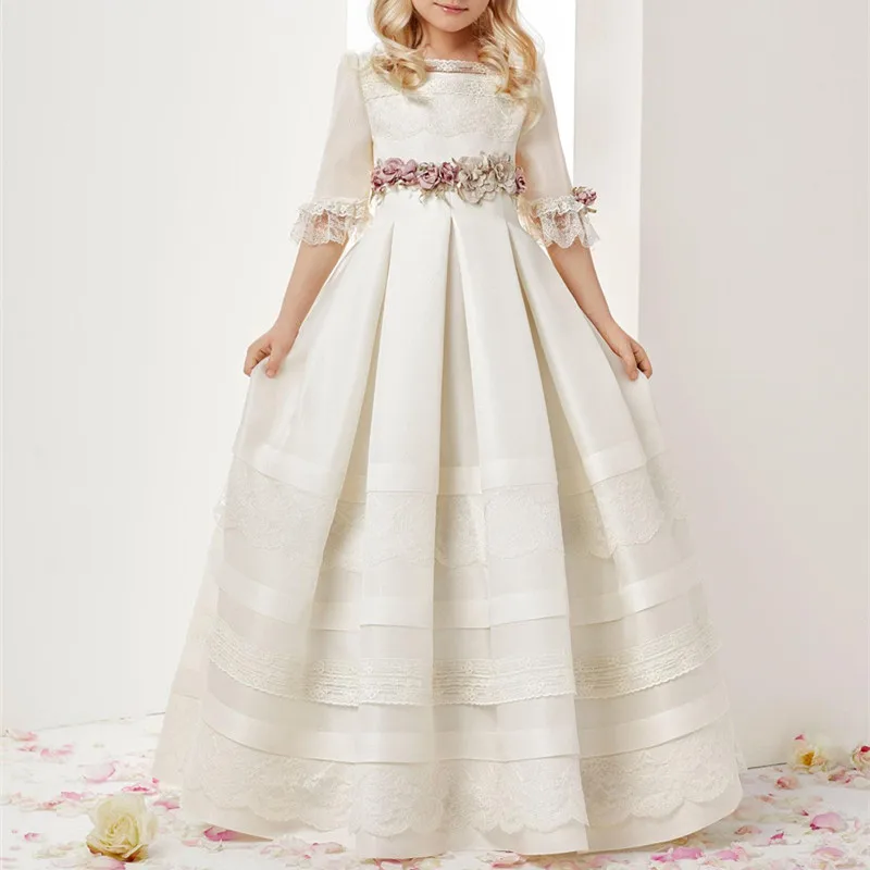 107Ivory White Little Girls First Communion Dresses Jewel Neck Lace Ruffles Girls Pageant Gowns Children A Line Kids Prom Dress