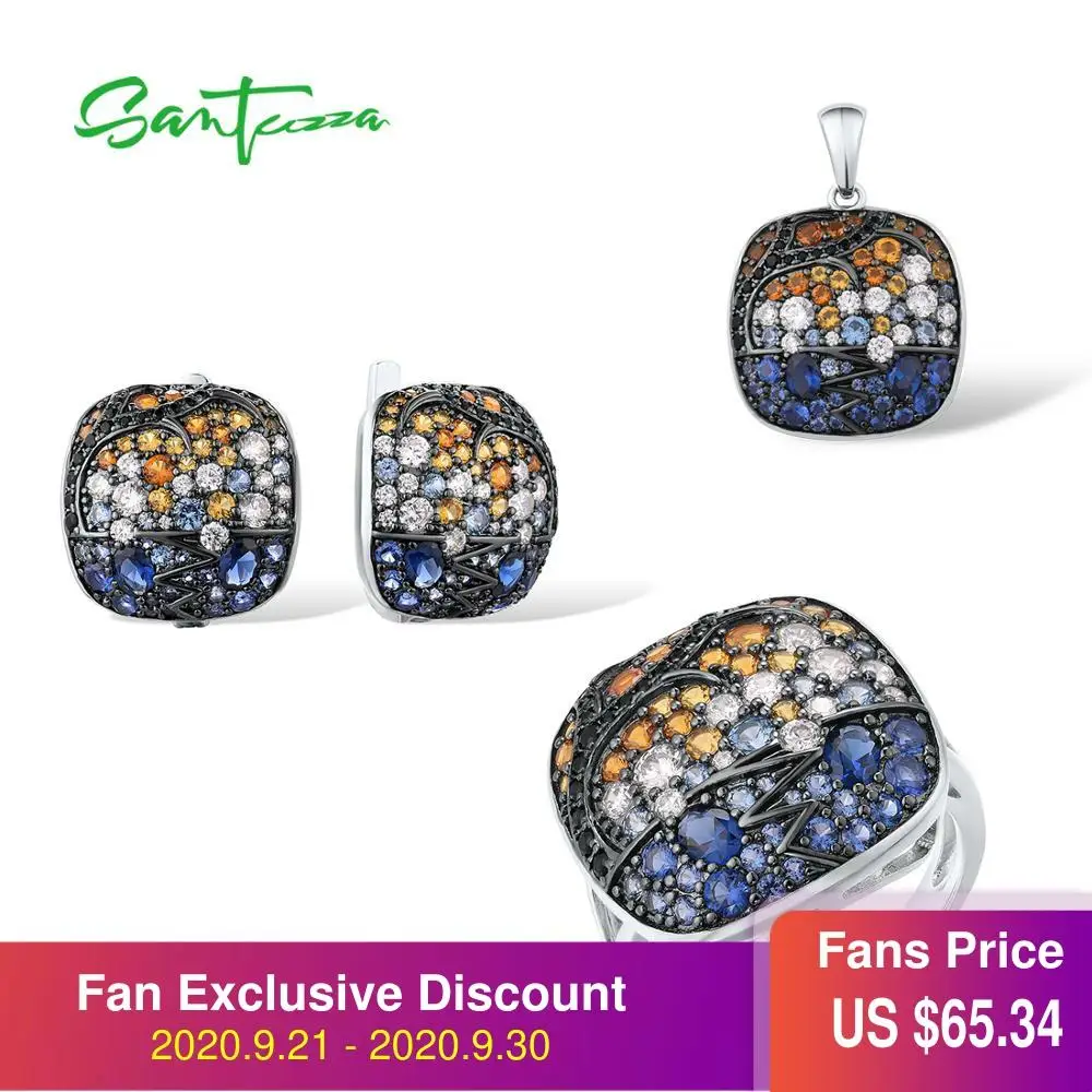 

SANTUZZA Jewelry Set For Women 925 Sterling Silver Dazzling Colorful Stones Square Pendant Earrings Ring Set Party Fine Jewelry