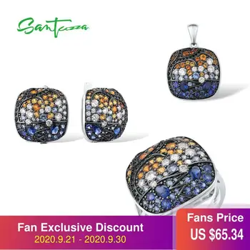 

SANTUZZA Jewelry Set For Women 925 Sterling Silver Dazzling Colorful Stones Square Pendant Earrings Ring Set Party Fine Jewelry