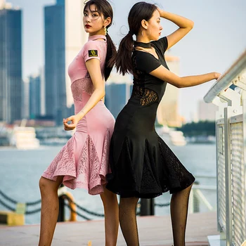 

2019 Modern Latin Dance Practice Wear Sexy Lace Dress Women Short Sleeved Latino Woman Dance Clothes Robe Danse Latine DWY2216