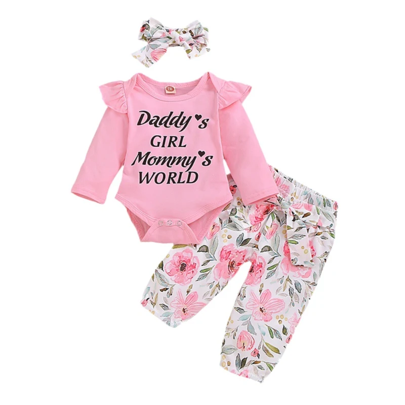 

Bobora Autumn Newborn Clothing Kids Baby Girls Alpha-Printed Romper + Floral Printed Pants + Headband Set Streetwear 0-24M