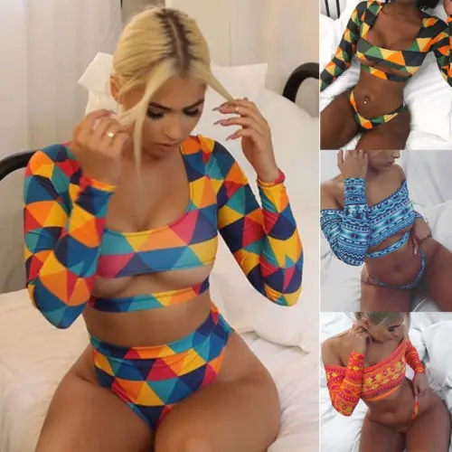 

2019 New Women Long Sleeve Tops Bikini Set Push-Up Bandage Colorful Geometirc Print 2pc Swimwear e Swimsuit Bathing Suit