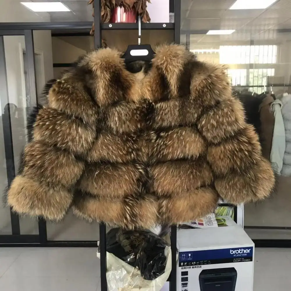 natural brown Pink Java QC19102 new arrival hot sale women fur coat natural raccoon fur jacket thick fur coat short coat fashion - Цвет: natural brown
