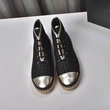 

Women Flat woven canvas boots with lace stitching leather and silver thread Ankle boots Genuine Leather shoes keep warm Spring