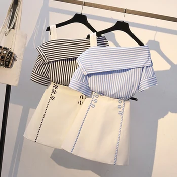

Plus Size Summer Office Ladies One Shoulder Striped Korean Blouse Top And Mini High Waist a Line Skirt Sets Women 2 Piece Set