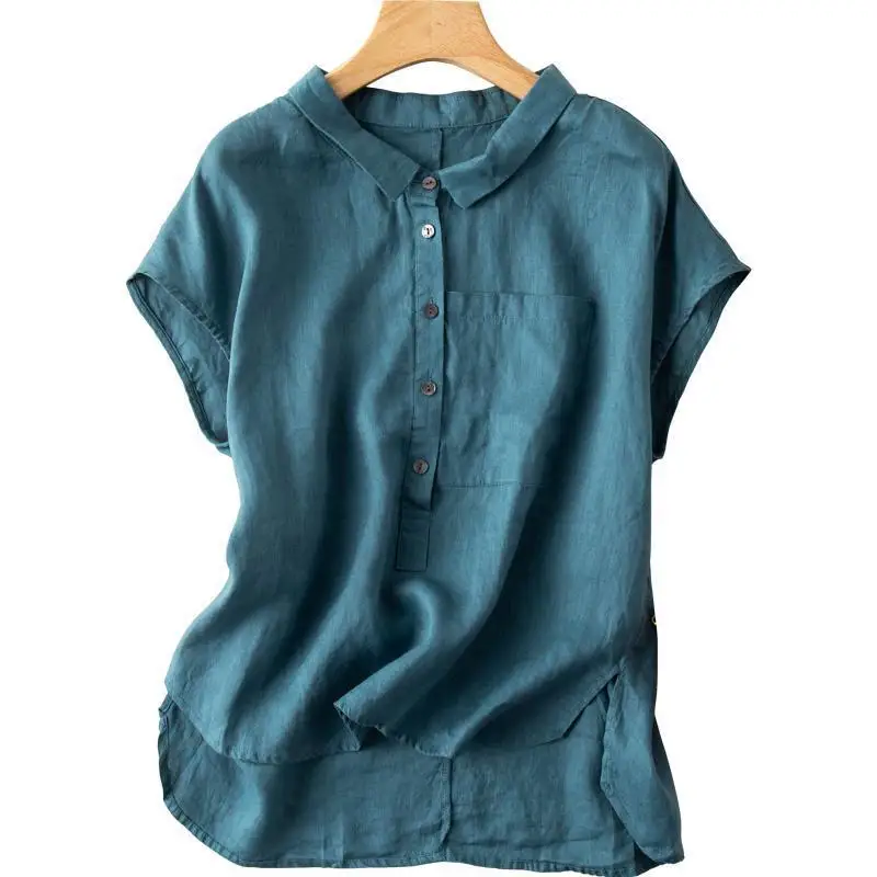 iroiro 群青 Cotton&Linen KOREAN Blouse Mzkdieey Women's Floral Embroidered Cotton Linen Retro