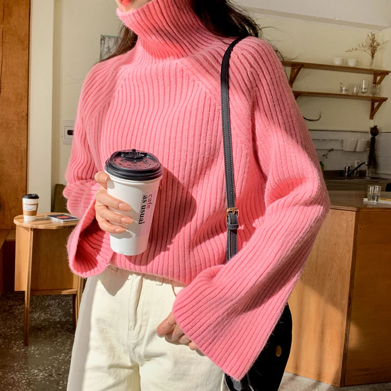 BGTEEVER, свободный свитер с воротником-хомутом в Вертикальную Полоску для женщин, вязаные Джемперы,, зимние толстые женские вязаные пуловеры - Цвет: pink
