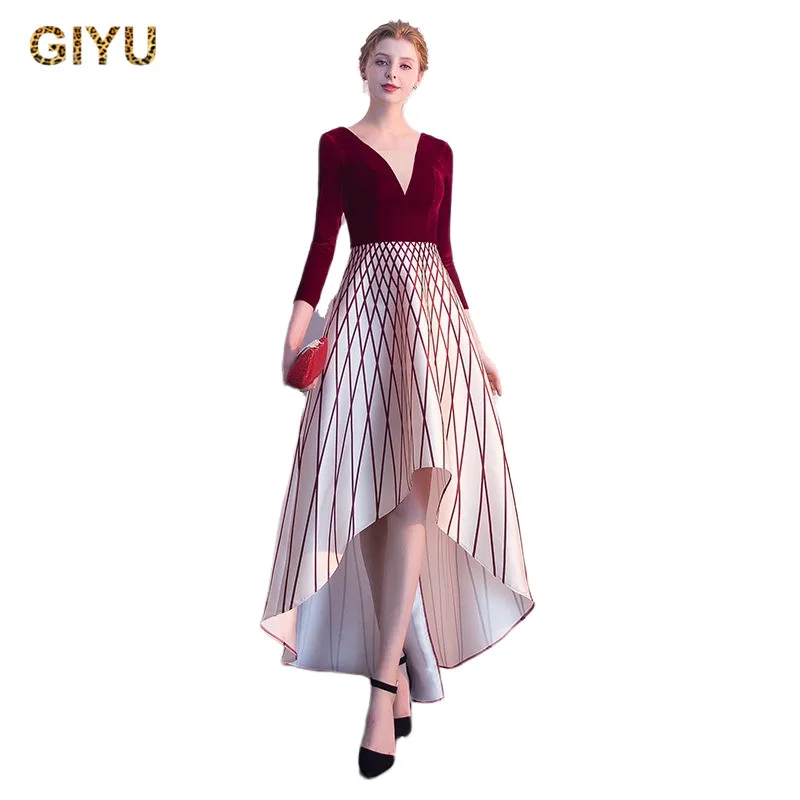 

Women Formal Evening Dress V Neck Backless Sexy Maroon Striped Long Maxi Elegant Prom Gown Celebrity Dresses For Wedding Party