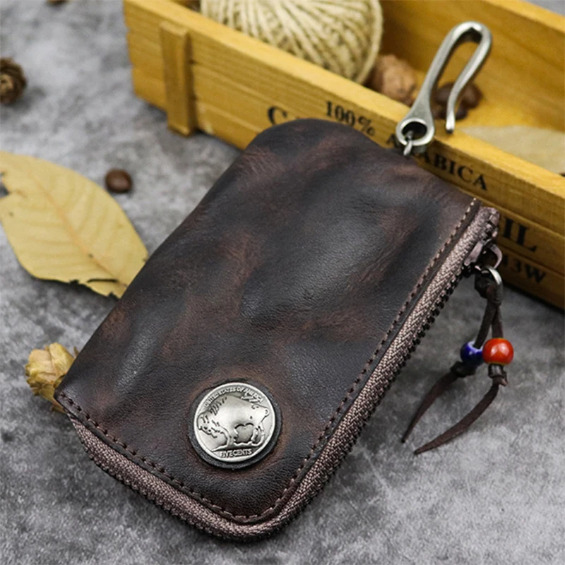 Original Leather Key Wallet for Men Short Vintage Handmade Zipper Car Key Holder Coin Purse Card Case Bag Organizer Housekeeper