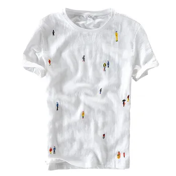 

Cartoon embroidery stitching linen short sleeve T-shirt men brand casual round neck elastic white cotton male t shirt tops tees