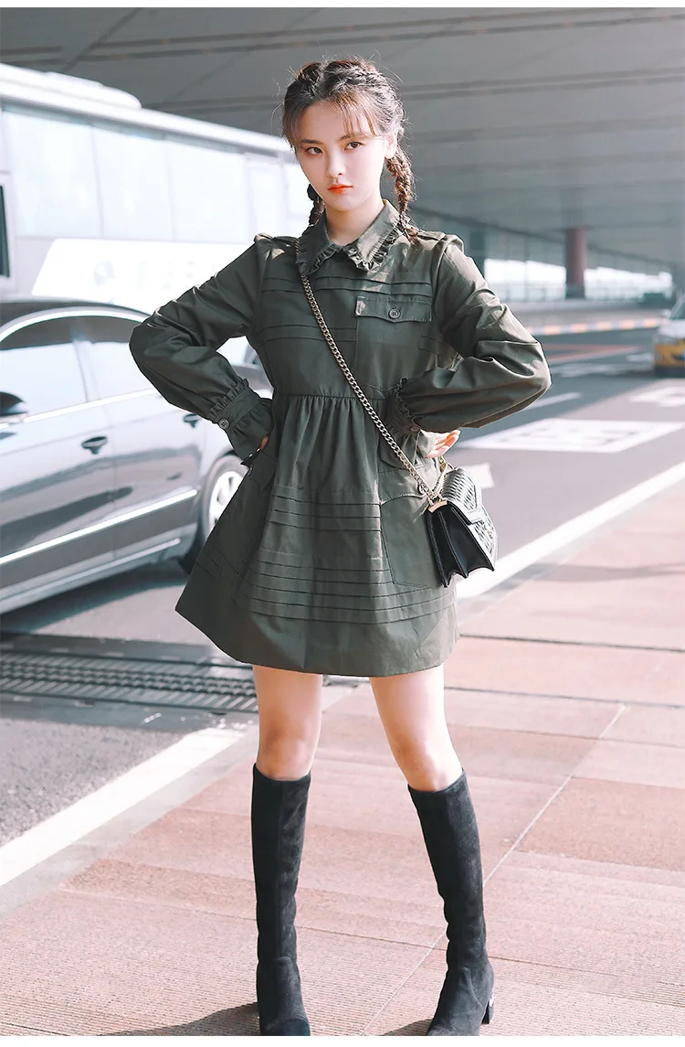 Модное милитари стильное свободное мини-платье с длинным рукавом осеннее Брендовое дизайнерское милое однобортное платье-рубашка с воротником Питер Пэн