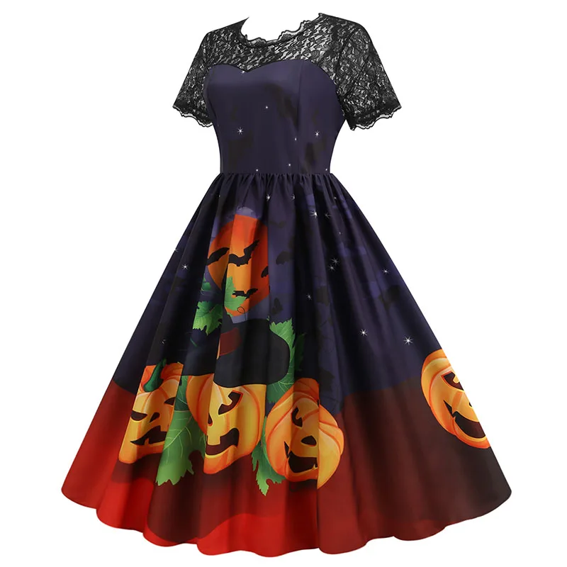 Women Casual Halloween Dress Short Sleeve Lace Evening Party Dresses Vintage Sundress Patchwork Party Dress