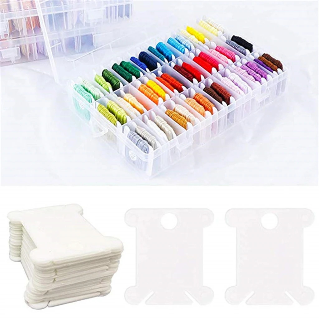 100 Plastic Floss Bobbins Cross Stitch Embroidery Thread Winding Cards Craft DIY Sewing Set with Bobbin Winder and Storage Box