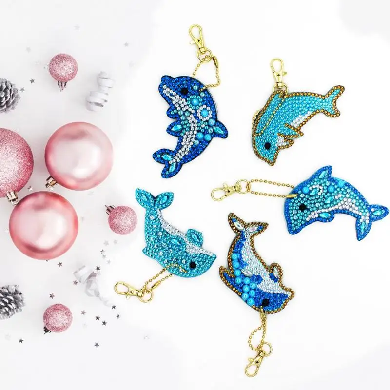 5pcs Dolphin Shape Key Chains 5D DIY Diamond Painting Keychains Special Shape Full Drill Diamond Embroidery Keyring Gift