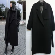 Женские зимние пальто осень и зима новинка большой размер женская черная ветровка с лацканами Свободное длинное шерстяное пальто для женщин