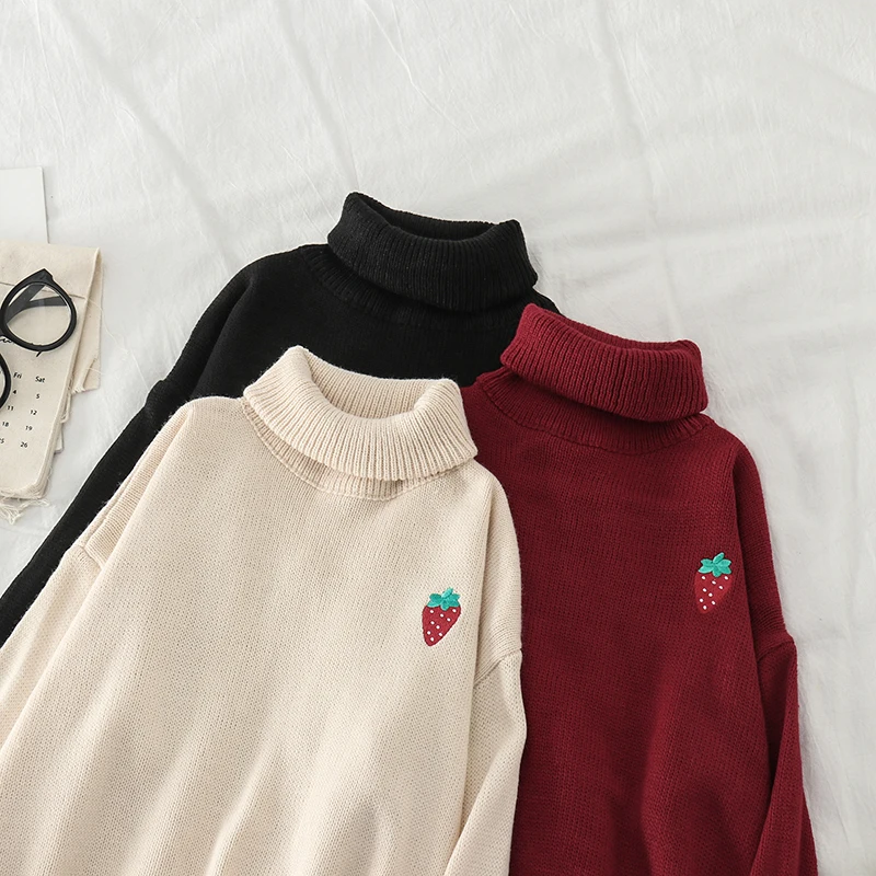 Neploe Women Sweaters New Knitted Turtleneck Strawberry Embroidery Casual Loose Autumn Winter Pullover Jumpers 56197