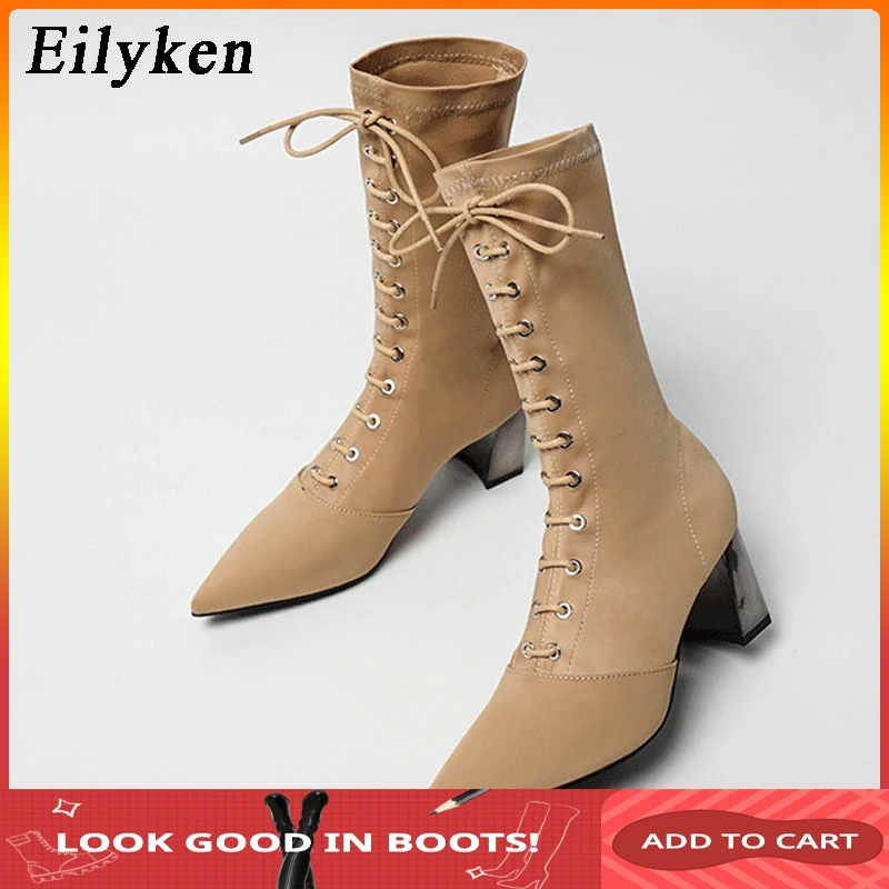 

Eilyken 2020 Spring Autumn Fashion Stretch Pointed Toe Boots Socks Boots Low High heel Lace-Up heels Ankle Boots Women