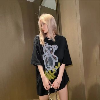 

Women's Summer Oversized T Shirt Female Summer Bear Print Short Sleeve T-shirt Girls Loose Tops Street Style Casual Tees