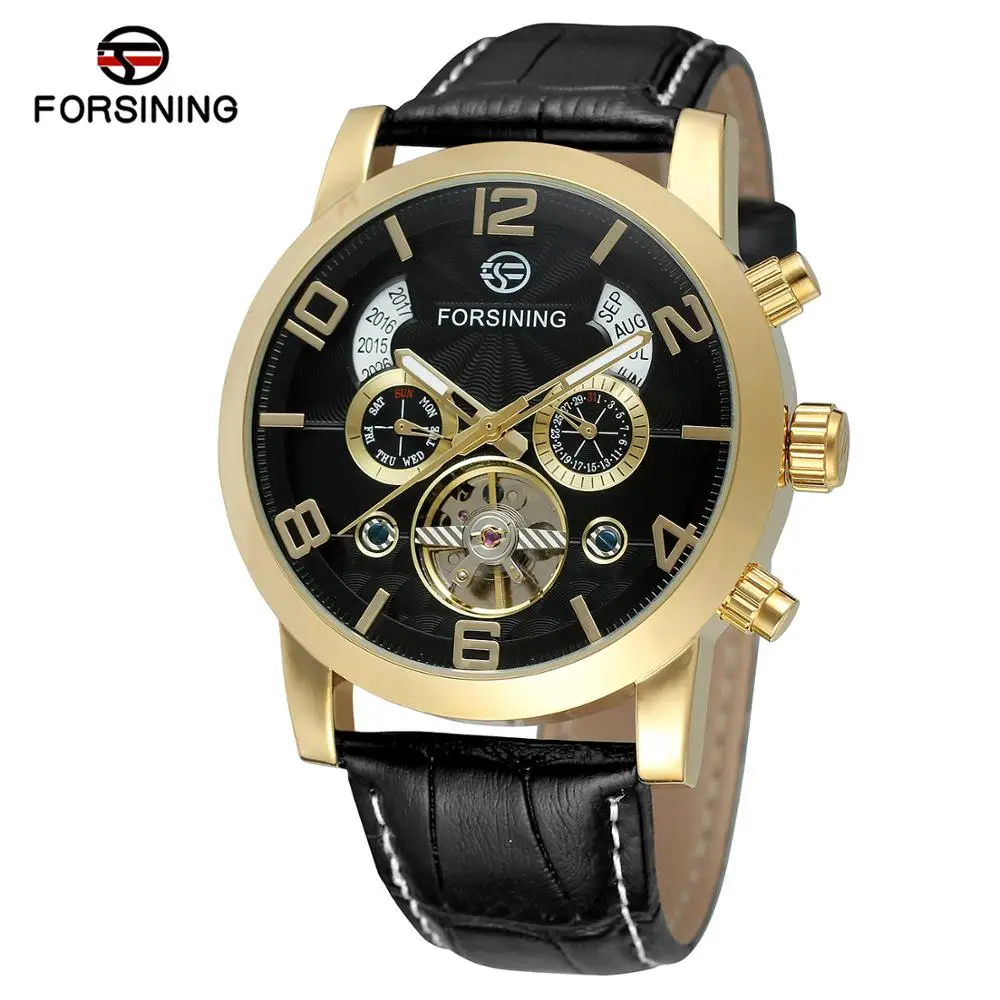 

Forsining Brand Tourbillion Fashion Watch Black Golden Clock Multi Function Display Mens Leather Automatic Mechanical Watches