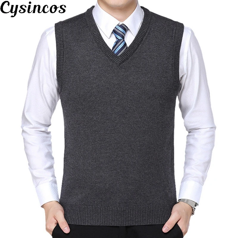 

CYSINCOS 2019 New Arrival Solid Color Sweater Vest Men Cashmere Sweater Wool Pullover Men Brand V-Neck Sleeveless Jersey Hombre