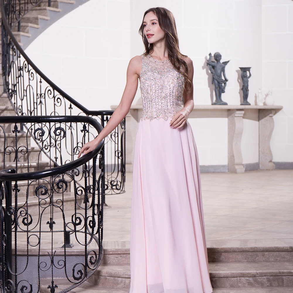 

Alagirls New Arrival Pearl Pink Illusion Beading Prom Dresses A-Line Round Neck Chiffon Formal Party Dresses vestidos de noche