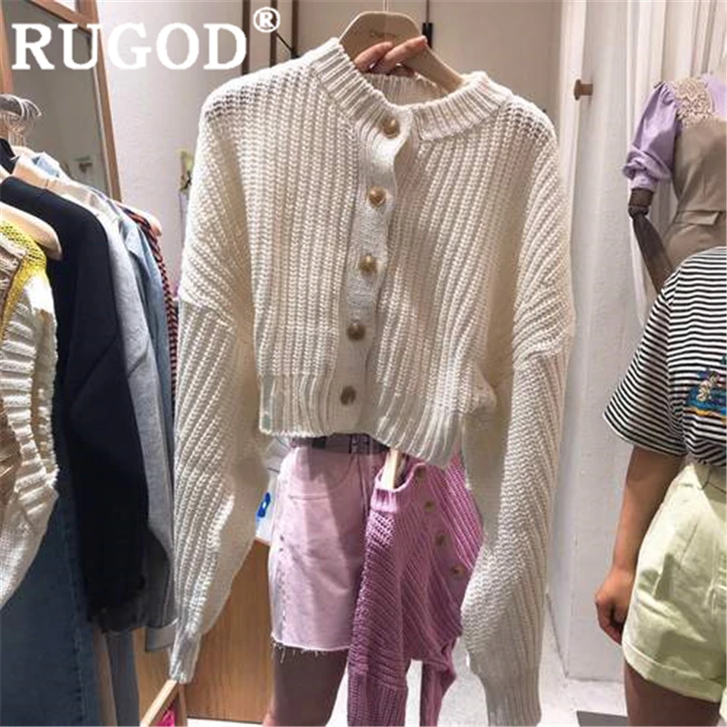 RUGOD Новое поступление осенний специальный свитер кардиганы с круглым вырезом с пышными рукавами свободные с высокой талией вязаное пальто Женская мода femme modis