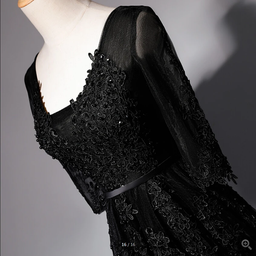 Robe de soiree черное ТРАПЕЦИЕВИДНОЕ кружевное платье с аппликацией для выпускного бала, расшитое бисером с рукавом 3/4, корсет с v-образным вырезом, платья для выпускного бала