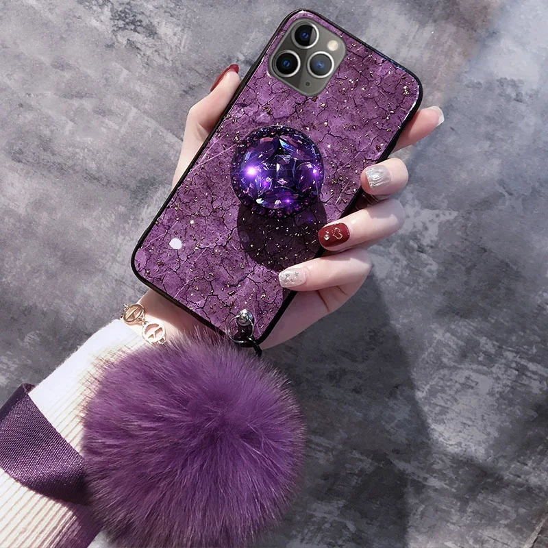 Luxury Diamond Cute Hair Ball Lanyard Bracket Soft Case For iphone X XR XS 11 pro MAX 7 8 6S plus 3D Bling Crystal Holder Cover - Цвет: Purple 4