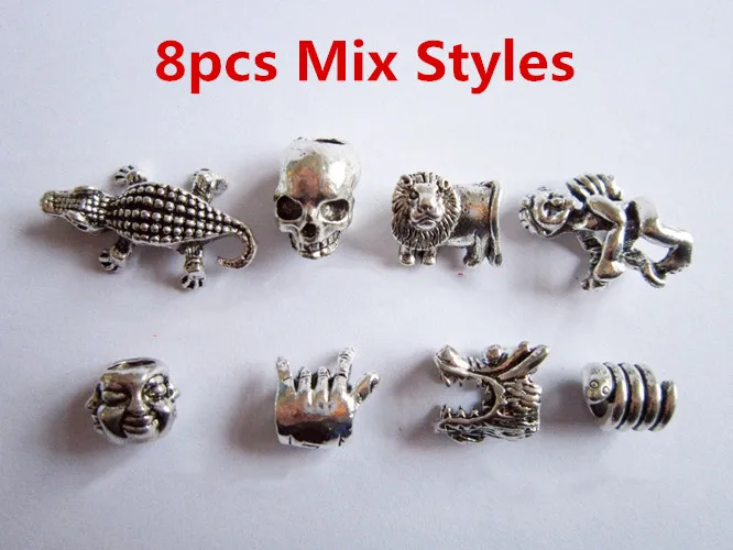 8pcs Mix Styles 8 шт./упак. черепа животных разных 8 видов стилей, подвязанные лентой, с объемной волной, дредлоки, для увеличения объема, бусины кольца трубки около 4,5-5,5 мм Внутреннее отверстие ювелирные изделия - Цвет: 8pcs Mix Styles