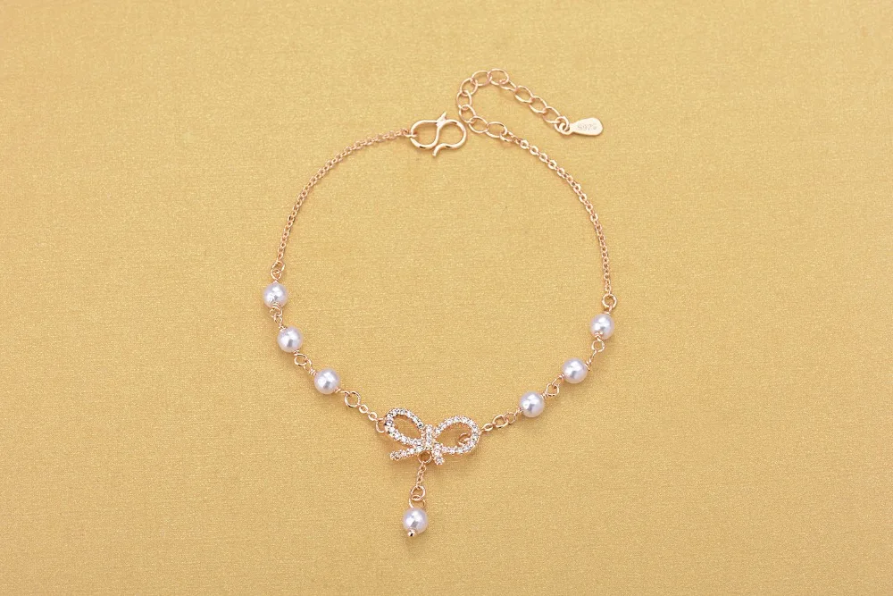 Rose Gold Champagne Chain Pearl Beads Bracelets Rhinestone Bowknot Charm Bracelets Jewelry For Gift