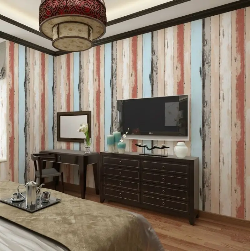 Color imitation wood stripe wallpaper American refurbished bedroom living room study bar cafe wood grain wallpaper