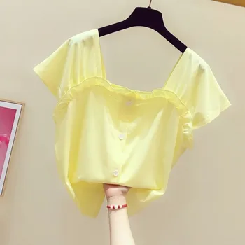 

Yellow Tshirt for Women 2020 Summer Wear New Korean-style Fresh Solid Color Square Collar Frilled Short Sleeve T-shirt Lady Tops