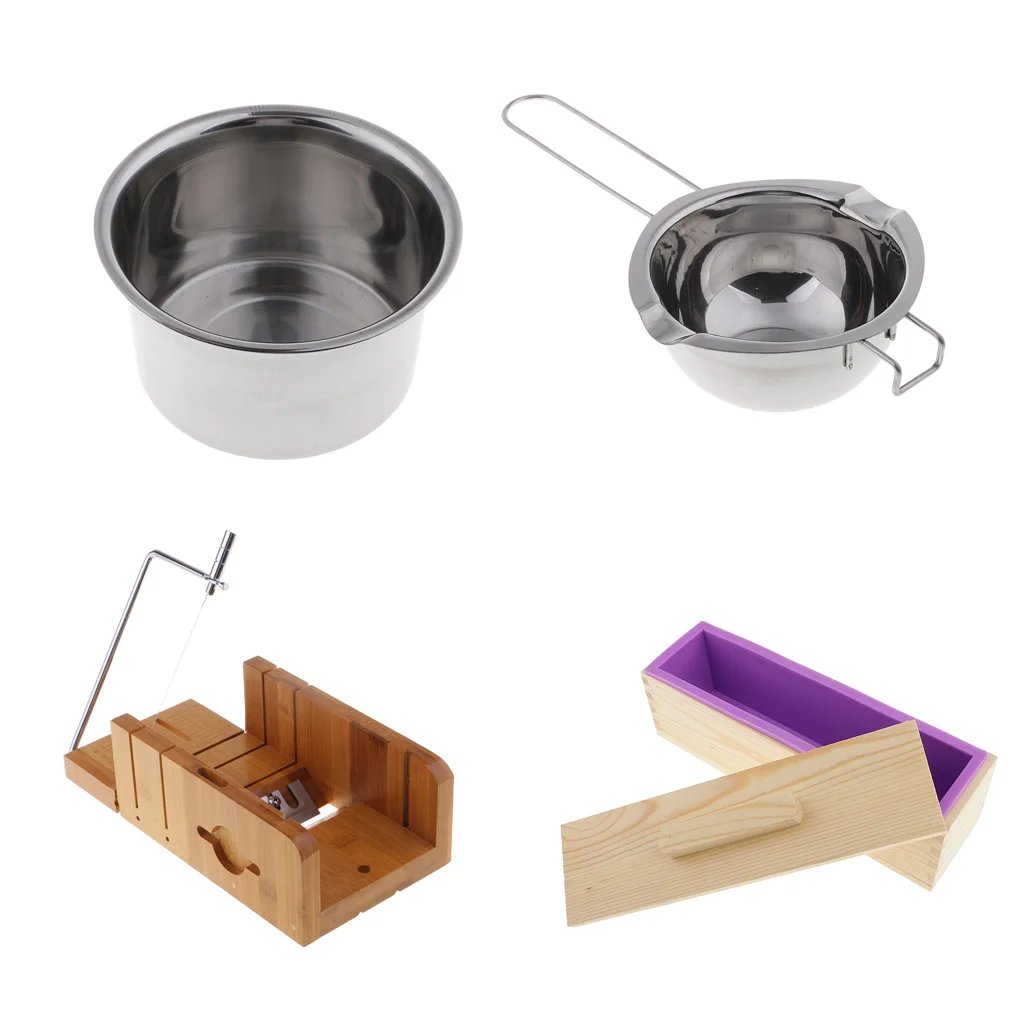 

4x Wood Stainless Steel Soap Cutter with Beveler & Wire Slicer + Rectangle Silicone Soap Making Loaf Mould 900ml + Double Boiler