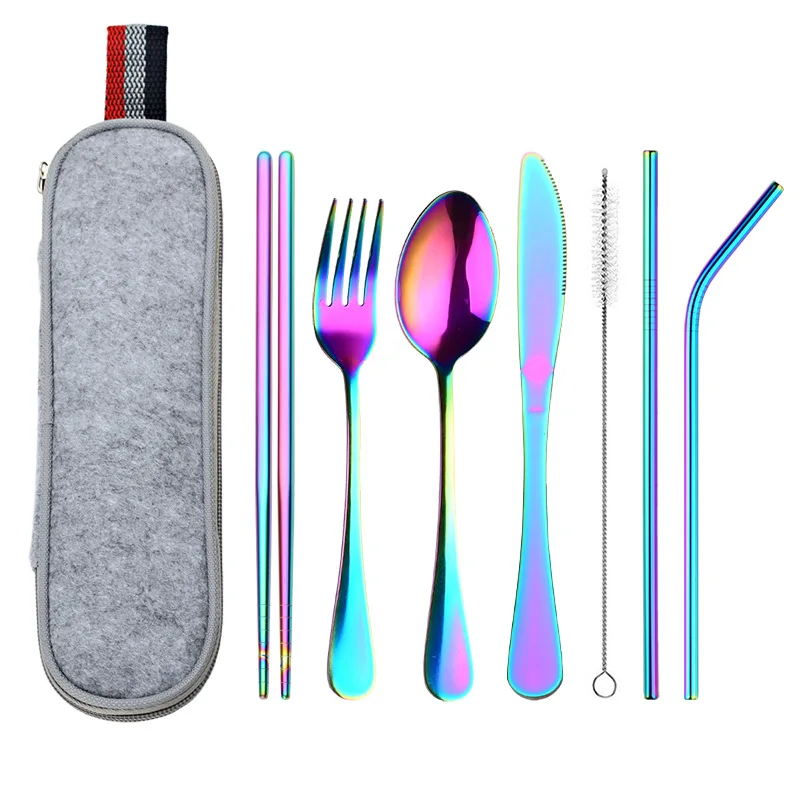 rainbow cutlery Столовая посуда из нержавеющей стали набор столовых приборов вилки, ножи, ложки палочки для еды многоразовая сумка для работы, школы, путешествий портативный набор столовых приборов - Цвет: rainbow cutlery