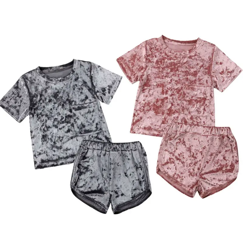 

Infant Toddler Kids Baby Girl Solid Short Sleeve T-shirt Tops+ Short Pants 2PCS Outfits Clothes Set