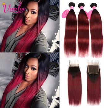 

1B/99j Burgundy Wine Red Two Tone Ombre Brazilian Straight Hair 3 Bundles With Closure Remy Human Hair Bundles With Closure