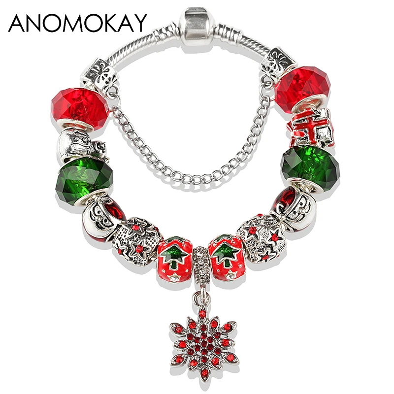 European& American Trendy Christmas Apple Charm Bracelet& Bangle Red Flower Crystal Diy Bead Bracelet Jewelry for Women - Окраска металла: 854