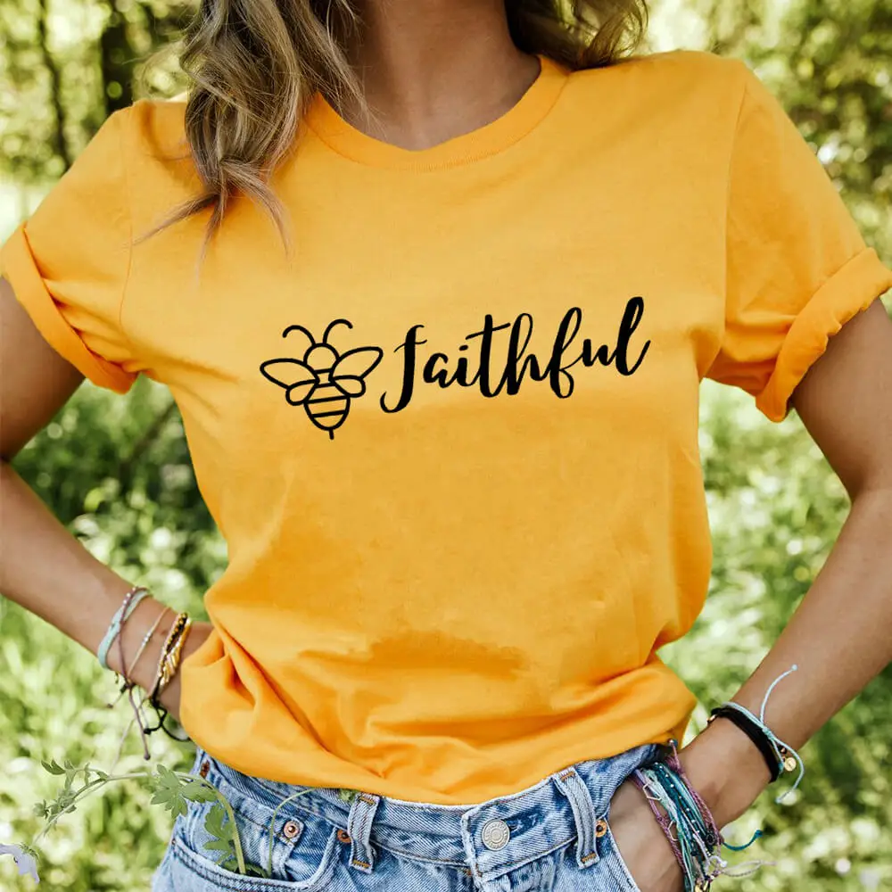 

Bee Faithful 100%Cotton Print Women Tshirt Christian Shirt Unisex Funny Summer Casual Short Sleeve Top Faith Tee Bees Shirts