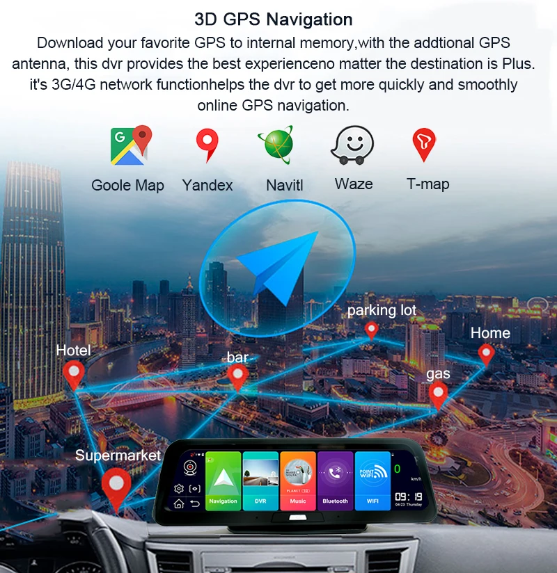 Anfilite 10 дюймов IPS экран 4G Автомобильный видеорегистратор с двумя объективами Android 8