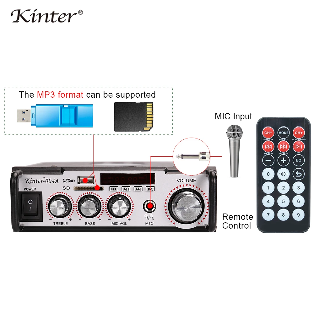 Kinter-004A караоке усилители домашние аудио 2,0 канала с USB SD AUX вход FM радио играть стерео звук питание мощность AC и В DC 12 В