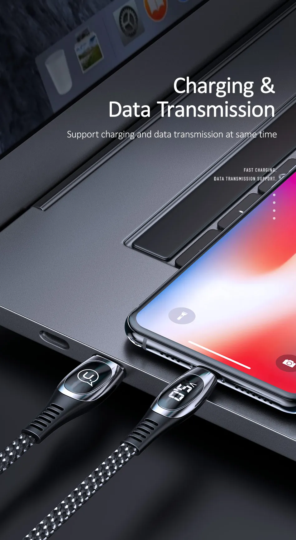 USAMS USB кабель для iPhone X XS XR XS Max 8 7 6 6s Plus кабель для мобильного телефона 2A быстрое зарядное Освещение кабель с цифровым дисплеем