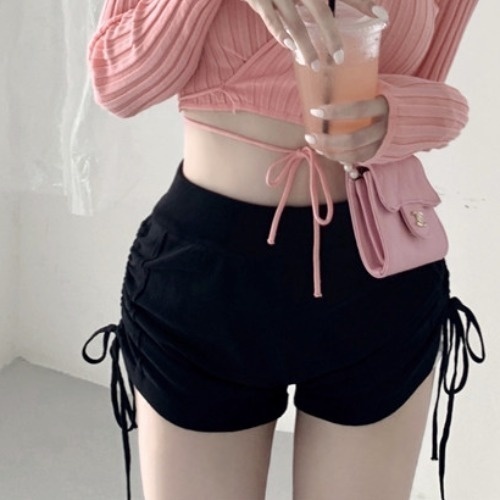Lace up Short Knitted Cardigan High Waist Drawstring Pleated Shorts Two-Piece Set