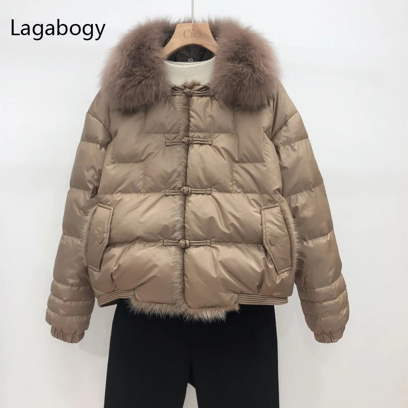 Lagabogy 2024Real Fox Fur Collar Winter Women 90%White Duck Down Jacket Ladies Short Warm Puffer Coat Female Loose Vintage Parka 5