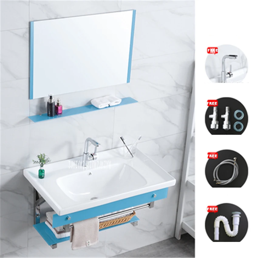 7589 настенный керамический умывальник для ванной комнаты из закаленного стекла, Настенные раковины, шкаф, Керамическая умывальник с зеркалом - Цвет: 80x48cm blue