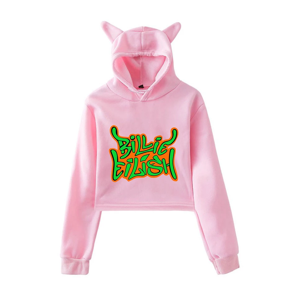 Горячая Распродажа Kpop Billie Eilish толстовки короткий кошачий Топ Толстовка с кошачьими ушками Розовая Толстовка тренд Harajuku Толстовка Billie Eilish стиль