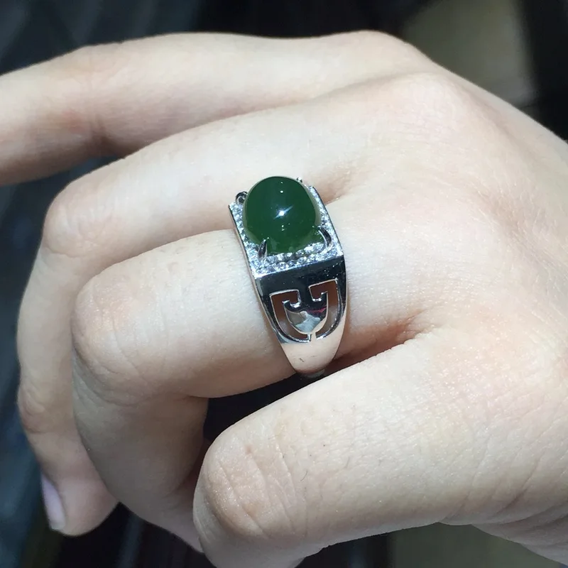 Изысканное зеленое кольцо Yangzhi Jade для мужчин, кольцо из стерлингового серебра 925 пробы, подарок на день рождения, натуральный нефрит, сильный подарок для мужчин на день рождения