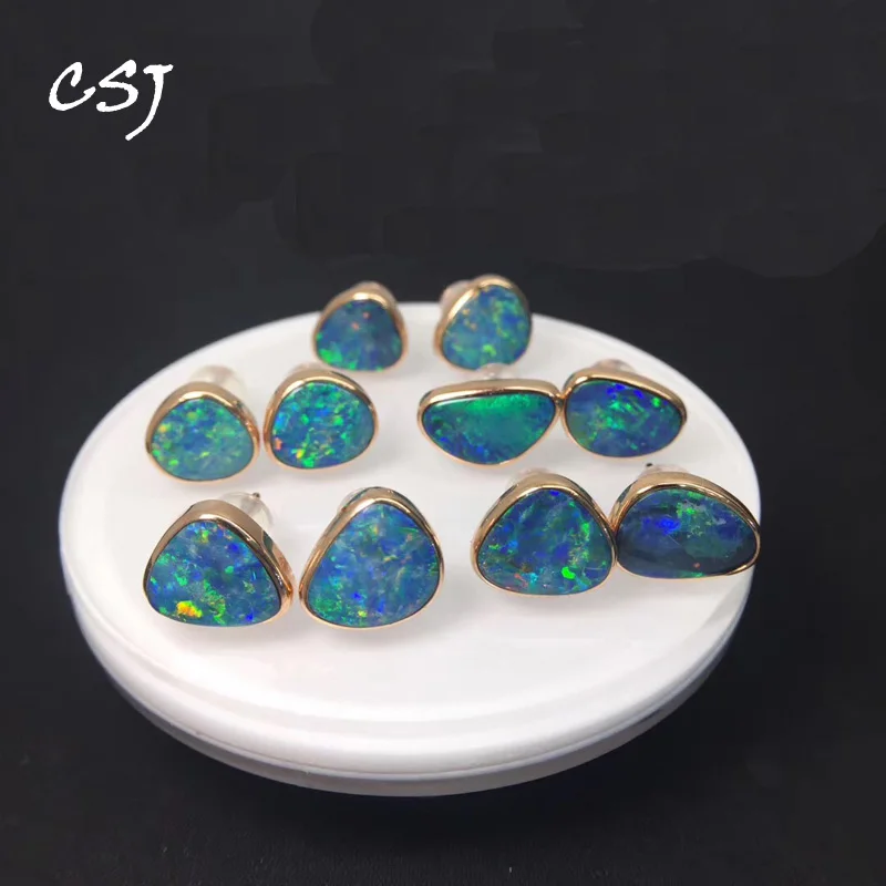 

CSJ 18K Gold Real Natural Opal Stud Earring Fine Fire Opal Good Quality Jewelry For Women Lady Gift Box