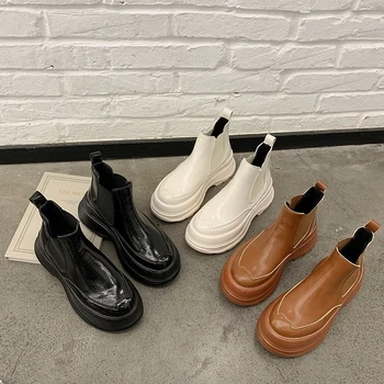 

2020 Winter Women Ankle Boots Fashion Thick Sole Platform Boots Round Toe Women's Wedge Boots Genuine Leather Shoes Woman Brown