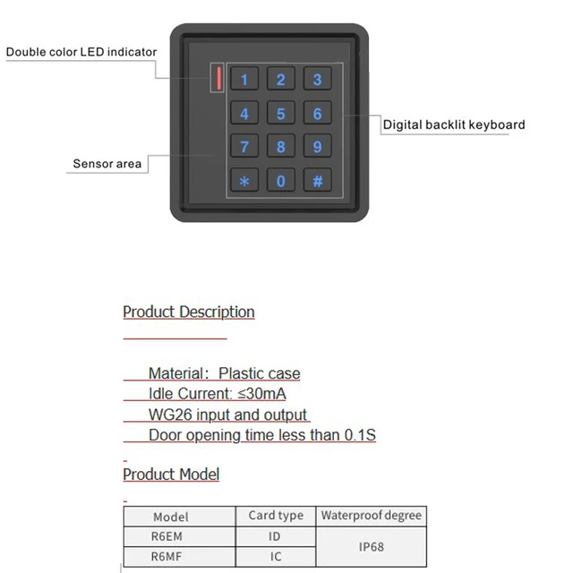 Stand Alone Access Controller RFID Card Reader R6 125KHZ RFID Waterproof Access Control Keypad  Access Control Keypad 3