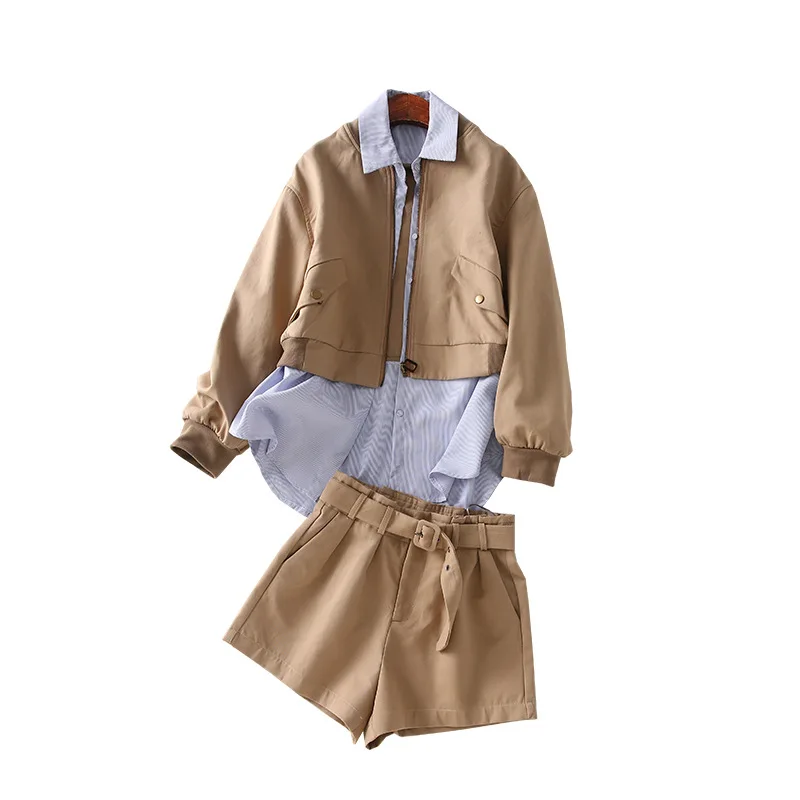 

One's Joint Turn-down Collar Coat Belt Waist Hugging Wide-Leg Shorts Two-Piece Women's Entity